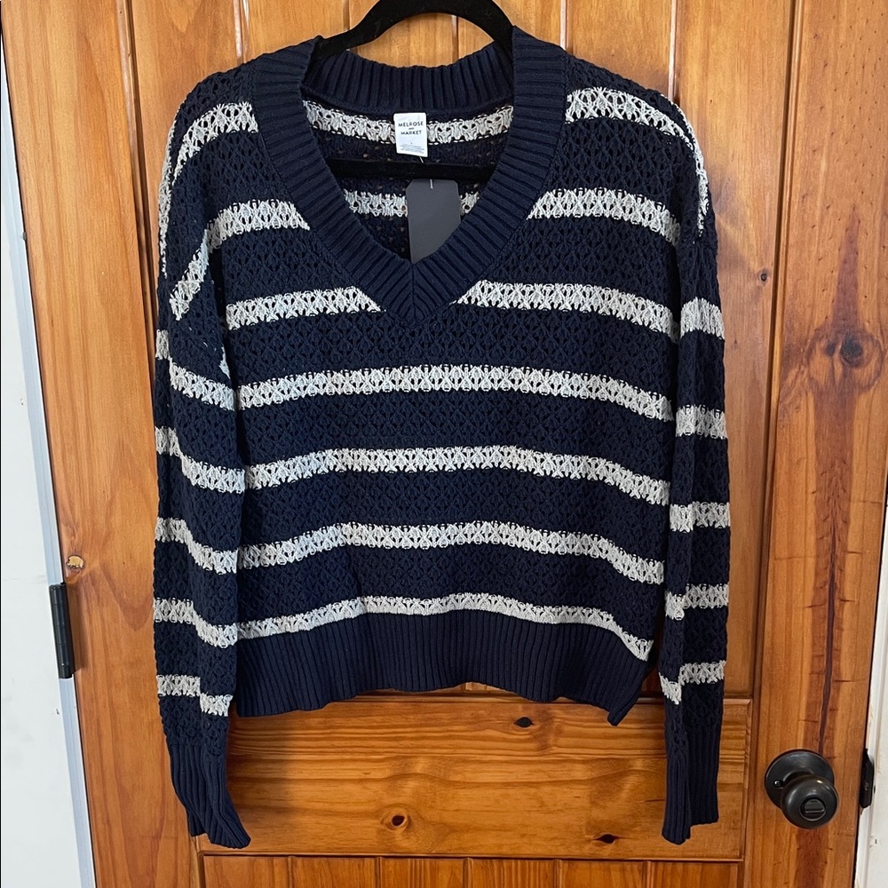 Melrose and Market Open Weave Pullover sweater v neck navy blue grey striped NWT